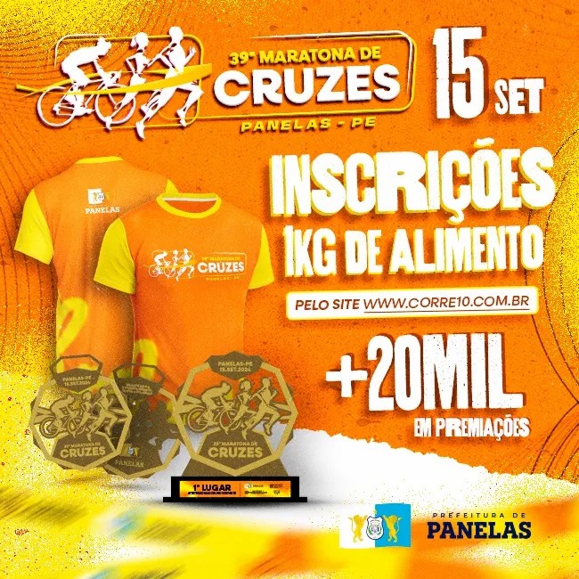 Inscrições para a 39ª Maratona de Cruzes, organização: Corre10, valor: 1 Kg de alimento. 